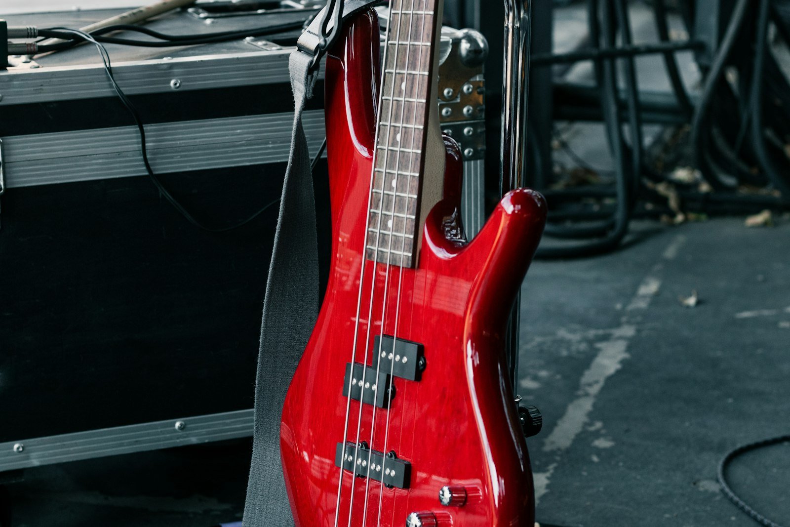 Close-up of an electric bass guitar ready for a recording session in a Dubai studio